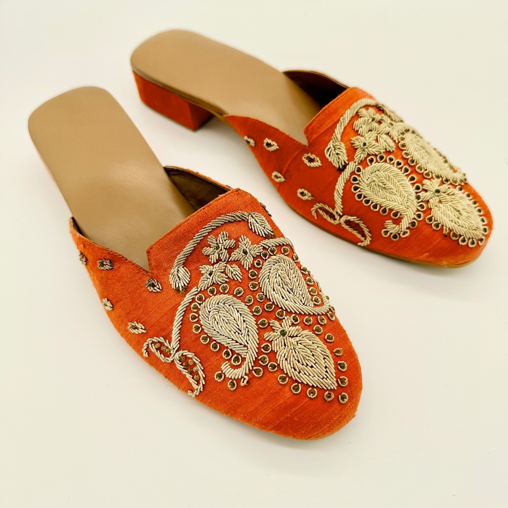 Exotic Orange Dupioni Silk Embroidered Slides w/ Gold Beading | Size 10